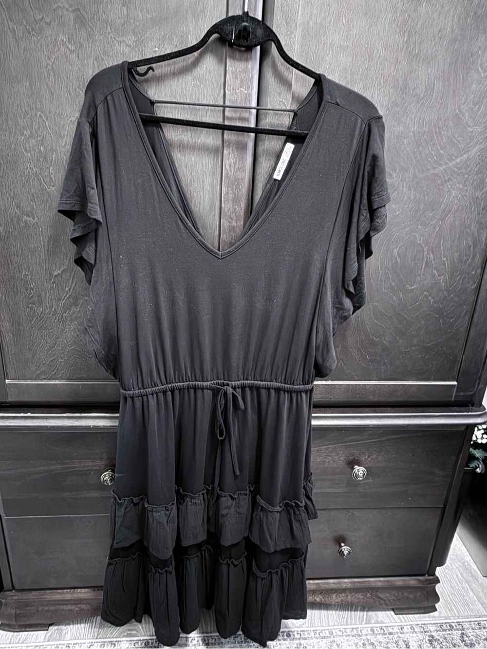 Venice Love Stretch Black V-Neck Tiered Midi Dress with Drawstring Waist